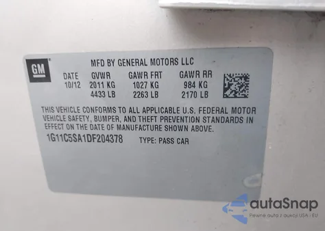 2013 Chevrolet Malibu 1Lt from USA, damaged, VIN 1G11C5SA1DF204378